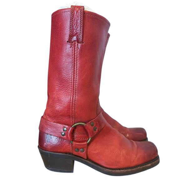 Frye Vintage Red Leather Square Toe Harness Boots Size 8 - Picture 3 of 12
